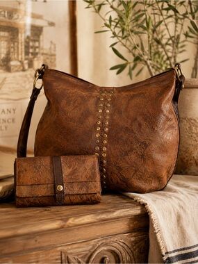 Patricia Nash Tooled Leather Hobo Bag Wallet Set Brown Floral Embossed